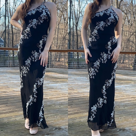 Vintage Y2k Floral Beaded Silk Prom Formal Dress - Picture 7 of 15